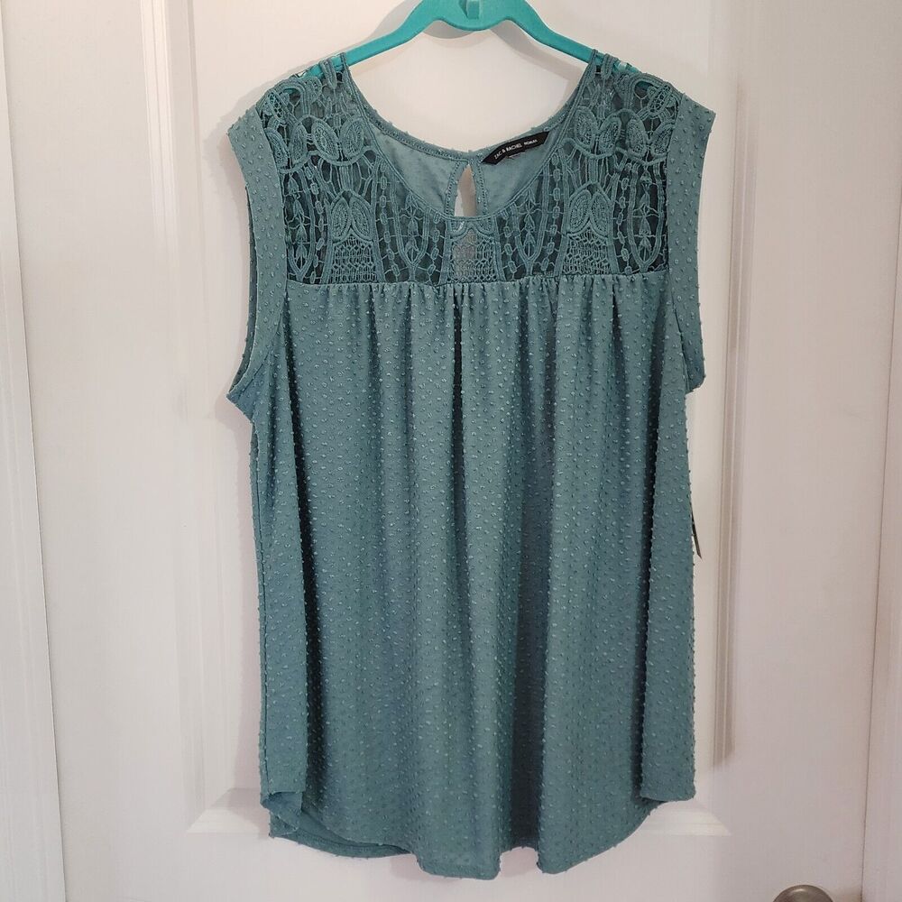Zak & Rachel Womens Top Blouse Swiss Dot Crochet Yolk Keyhole Back Accent sz 1X